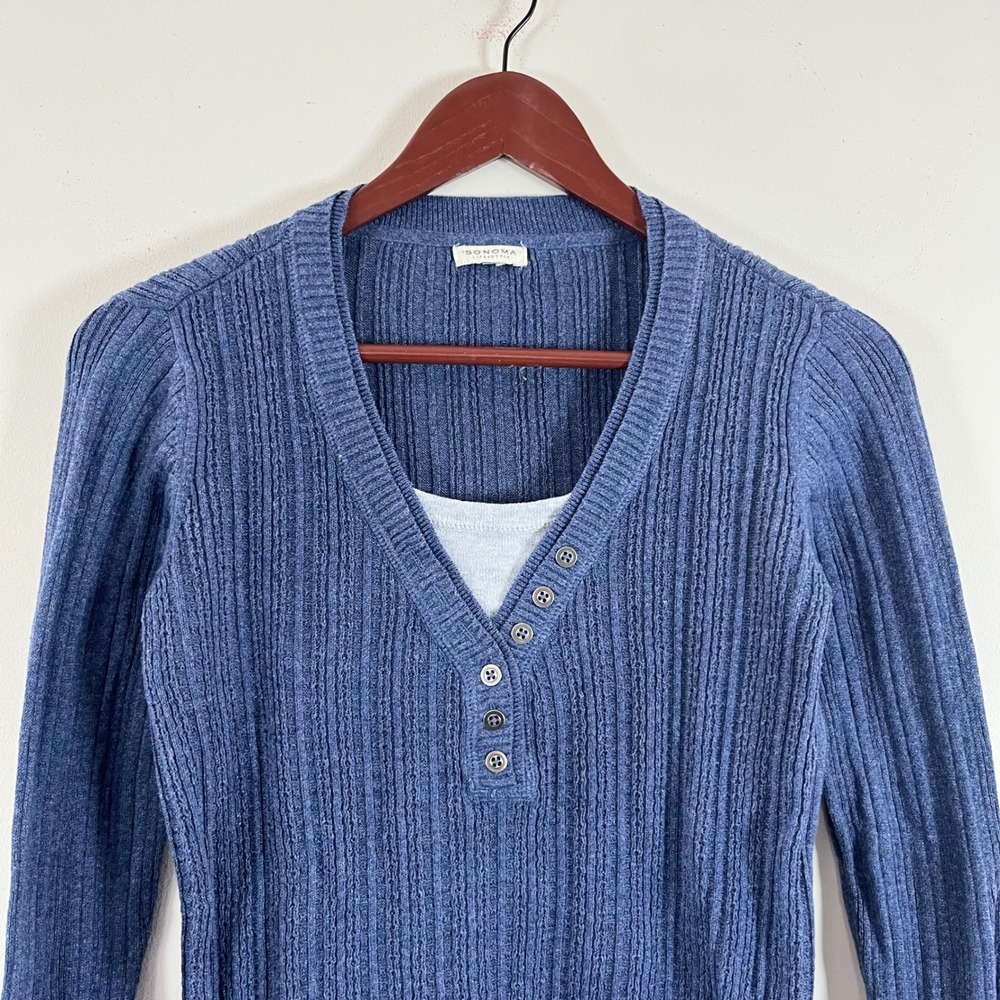 Vintage Y2K Sonoma Long Sleeve Knit Layered Henley Shirt Blue Gray Bella  Core‎ - Picture 4 of 7